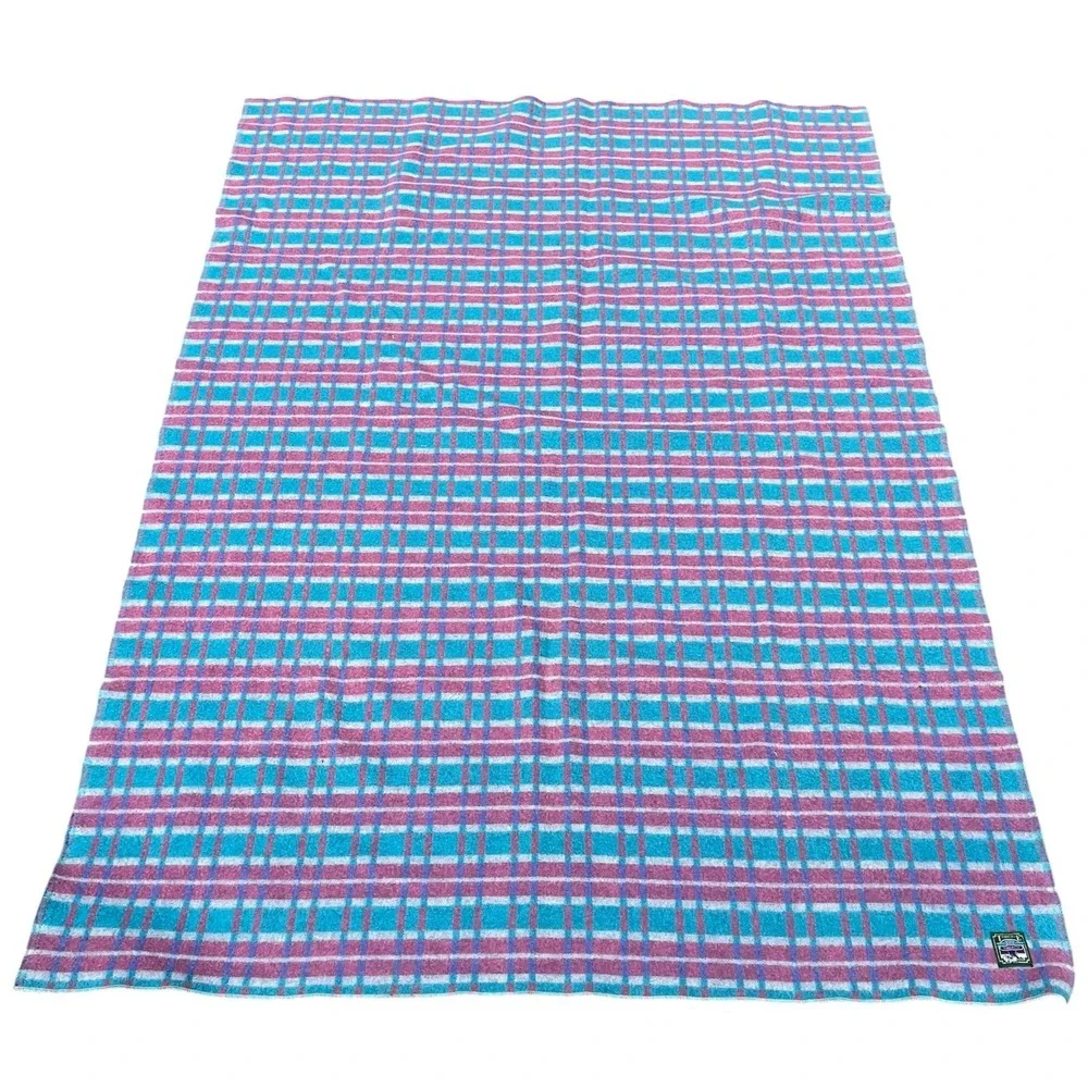 Vintage Traverse Bay Woolen Co Wool Blanket 56x81 Plaid Pink Aqua‎ Purple USA